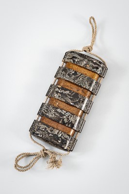 Lot 1420 - A FOUR-CASE MOTHER OF PEARL INLAID LACQUER INRO DEPICTING A LANDSCAPE
