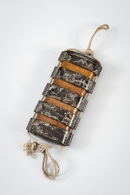 Lot 1420 - A FOUR-CASE MOTHER OF PEARL INLAID LACQUER INRO DEPICTING A LANDSCAPE