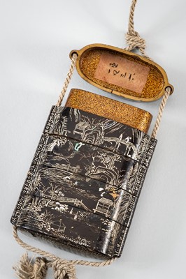 Lot 1420 - A FOUR-CASE MOTHER OF PEARL INLAID LACQUER INRO DEPICTING A LANDSCAPE