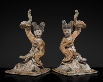 Lot 1241 - A PAIR OF TANG STYLE POTTERY FIGURES OF FEMALE DANCERS