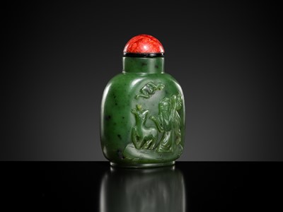 Lot 448 - A SPINACH-GREEN JADE ‘SHOULAO AND DEER’ SNUFF BOTTLE, 18TH-19TH CENTURY