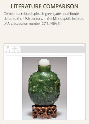Lot 448 - A SPINACH-GREEN JADE ‘SHOULAO AND DEER’ SNUFF BOTTLE, 18TH-19TH CENTURY