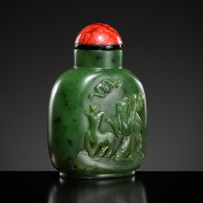 Lot 448 - A SPINACH-GREEN JADE ‘SHOULAO AND DEER’ SNUFF BOTTLE, 18TH-19TH CENTURY