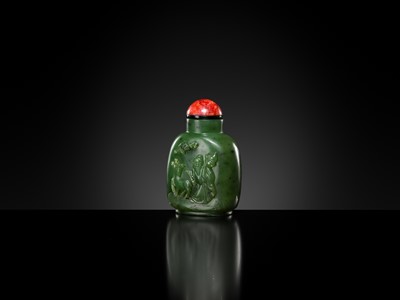 Lot 448 - A SPINACH-GREEN JADE ‘SHOULAO AND DEER’ SNUFF BOTTLE, 18TH-19TH CENTURY