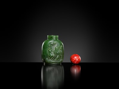 Lot 448 - A SPINACH-GREEN JADE ‘SHOULAO AND DEER’ SNUFF BOTTLE, 18TH-19TH CENTURY