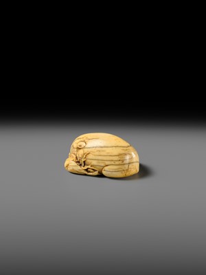 Lot 158 - A FINE KYOTO SCHOOL IVORY NETSUKE OF A BOAR RESTING ON AUTUMN PLANTS