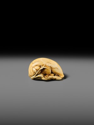 Lot 158 - A FINE KYOTO SCHOOL IVORY NETSUKE OF A BOAR RESTING ON AUTUMN PLANTS
