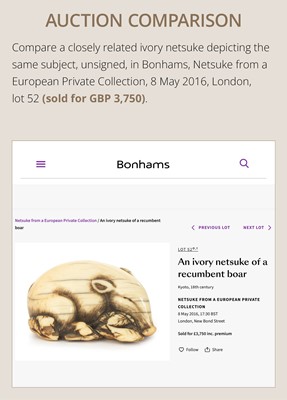 Lot 158 - A FINE KYOTO SCHOOL IVORY NETSUKE OF A BOAR RESTING ON AUTUMN PLANTS