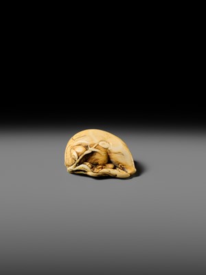 Lot 158 - A FINE KYOTO SCHOOL IVORY NETSUKE OF A BOAR RESTING ON AUTUMN PLANTS