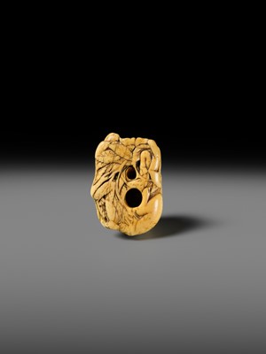 Lot 158 - A FINE KYOTO SCHOOL IVORY NETSUKE OF A BOAR RESTING ON AUTUMN PLANTS
