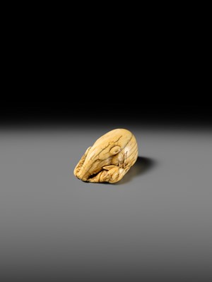 Lot 158 - A FINE KYOTO SCHOOL IVORY NETSUKE OF A BOAR RESTING ON AUTUMN PLANTS