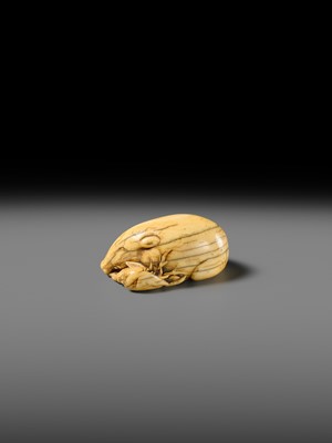 Lot 158 - A FINE KYOTO SCHOOL IVORY NETSUKE OF A BOAR RESTING ON AUTUMN PLANTS