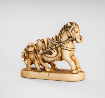 Lot 1500 - A SMALL IVORY NETSUKE OF A HORSE AND MONKEY