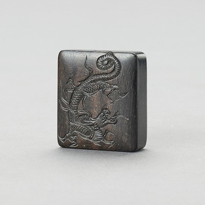 Lot 1771 - KOZAN: A WOOD ‘IMITATION HAKO’ NETSUKE WITH A DRAGON