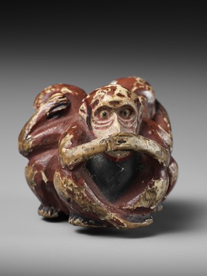Lot 1772 - A SAISHIKI (PAINTED WOOD) NETSUKE OF THE SAMBIKI SARU (THREE WISE MONKEYS)