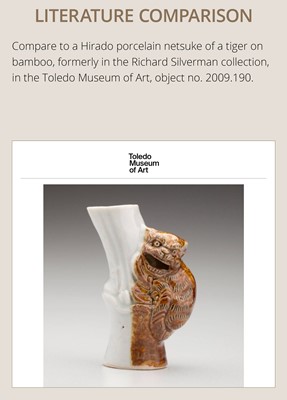 Lot 559 - A HIRADO PORCELAIN NETSUKE OF A TIGER ON BAMBOO