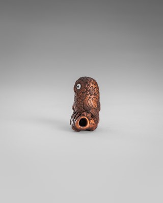 Lot 374 - IKKYU: A WOOD NETSUKE OF AN OWL WITH A MOVABLE OWLET