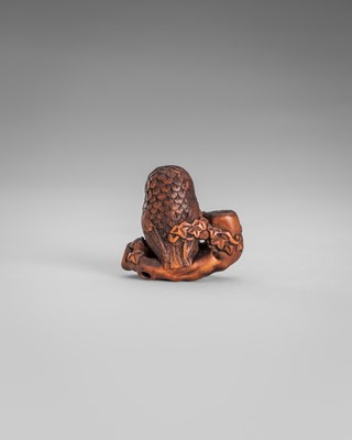 Lot 374 - IKKYU: A WOOD NETSUKE OF AN OWL WITH A MOVABLE OWLET