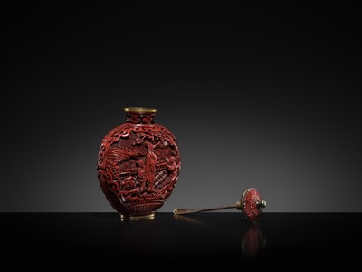 Lot 469 - A CINNABAR LACQUER ‘COURT LADIES’ SNUFF BOTTLE, 19TH CENTURY