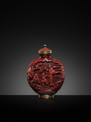 Lot 469 - A CINNABAR LACQUER ‘COURT LADIES’ SNUFF BOTTLE, 19TH CENTURY