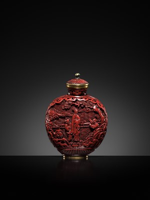Lot 469 - A CINNABAR LACQUER ‘COURT LADIES’ SNUFF BOTTLE, 19TH CENTURY