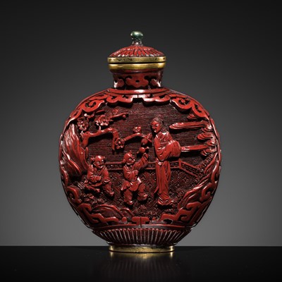 Lot 469 - A CINNABAR LACQUER ‘COURT LADIES’ SNUFF BOTTLE, 19TH CENTURY