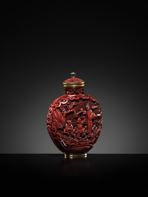 Lot 469 - A CINNABAR LACQUER ‘COURT LADIES’ SNUFF BOTTLE, 19TH CENTURY