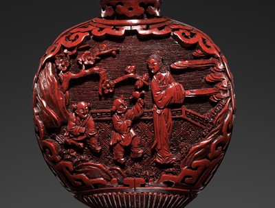 Lot 469 - A CINNABAR LACQUER ‘COURT LADIES’ SNUFF BOTTLE, 19TH CENTURY