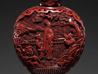 Lot 469 - A CINNABAR LACQUER ‘COURT LADIES’ SNUFF BOTTLE, 19TH CENTURY