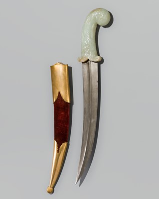 Lot 216 - A MUGHAL JADE-HILTED DAGGER AND SCABBARD, 17TH-18TH CENTURY