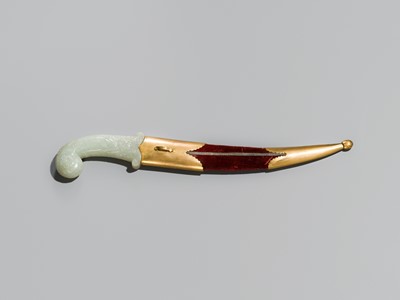 Lot 216 - A MUGHAL JADE-HILTED DAGGER AND SCABBARD, 17TH-18TH CENTURY