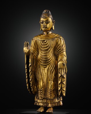 Lot 66 - AN IMPORTANT AND RARE UDAYANA-STYLE GILT-BRONZE FIGURE OF MAITREYA, LATE MING TO EARLY QING DYNASTY