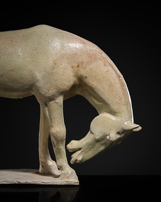 Lot 498 - A SMALL GREEN- AND STRAW-GLAZED POTTERY FIGURE OF A GRAZING HORSE, TANG DYNASTY