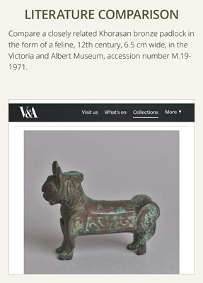 Lot 562 - A RARE KHORASAN BRONZE ‘LION’ PADLOCK, 12TH CENTURY
