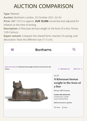 Lot 562 - A RARE KHORASAN BRONZE ‘LION’ PADLOCK, 12TH CENTURY