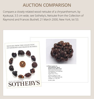 Lot 289 - TSUKAMOTO KYOKUSAI: A SUPERB SO SCHOOL WOOD NETSUKE OF A FLOWERING CHRYSANTHEMUM