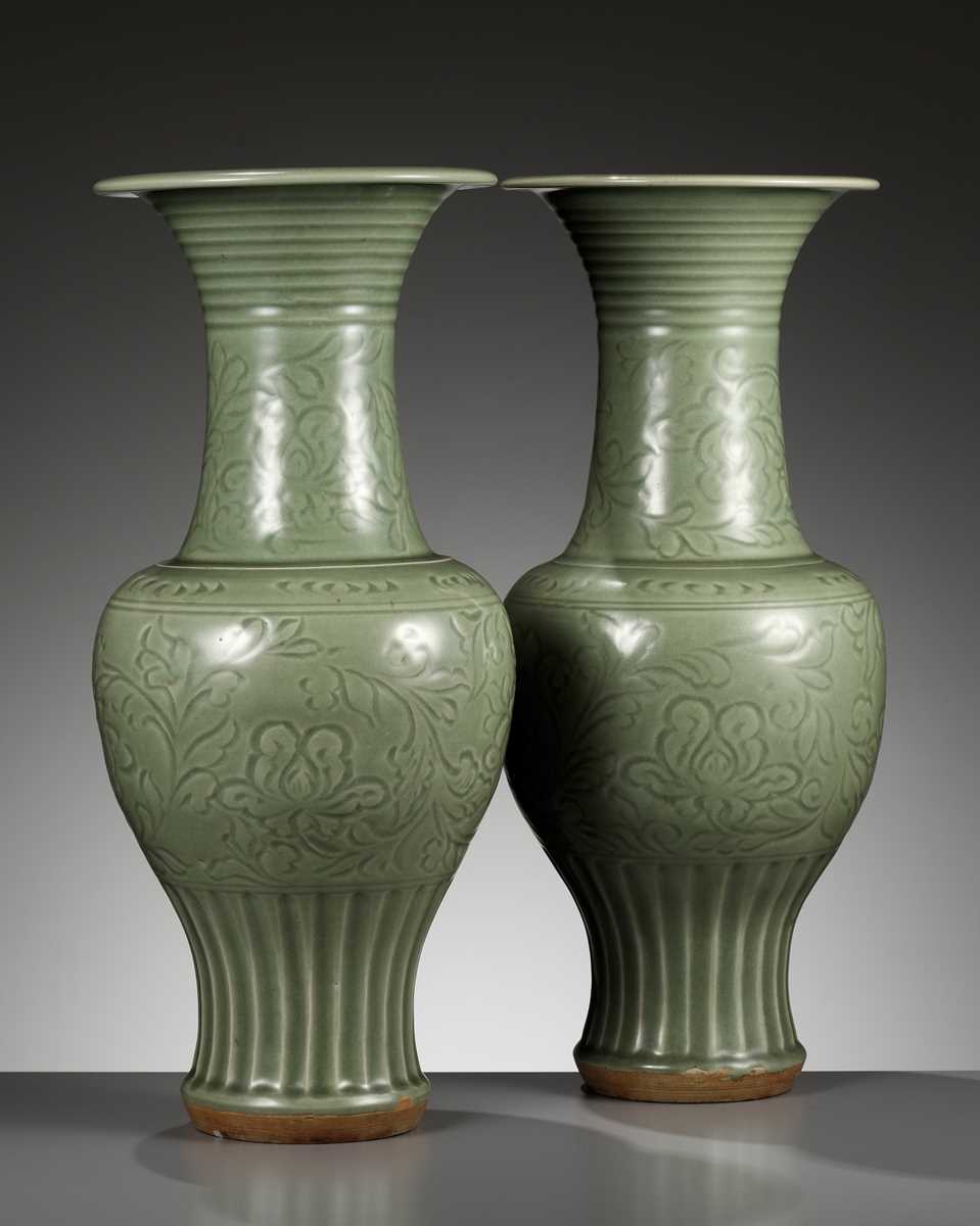 Lot 507 - A PAIR OF LARGE LONGQUAN CELADON PHOENIX