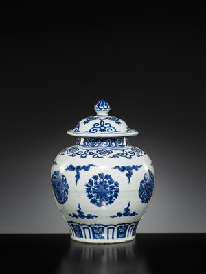 Lot 159 - A RARE BLUE AND WHITE PORCELAIN JAR AND COVER, YU TANG JIA QI MARK
