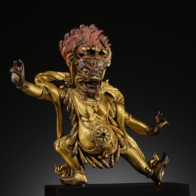Lot 348 - A GILT BRONZE FIGURE OF YAMA DHARMARAJA, QING DYNASTY, 18TH CENTURY