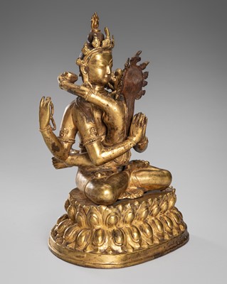 Lot 732 - A LARGE GILT-BRONZE FIGURE OF SHADAKSHARI LOKESHVARA WITH CONSORT, LATE 19TH TO EARLY 20TH CENTURY