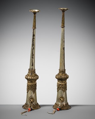 Lot 163 - A PAIR OF BRONZE-MOUNTED SILVERED COPPER TRUMPETS, TIBET, 19TH CENTURY