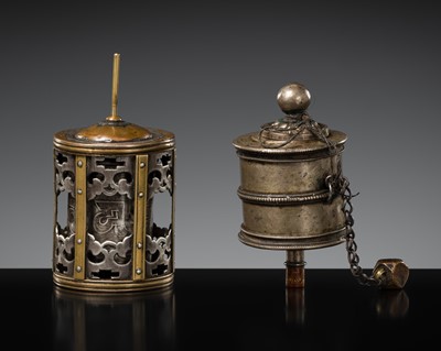 Lot 180 - A PAIR OF MIXED METAL PRAYER WHEELS, 19TH CENTURY