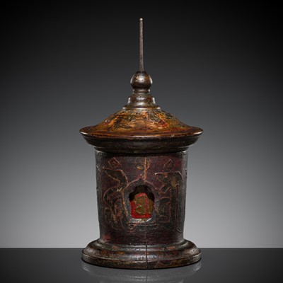 Lot 183 - A LACQUERED WOOD PRAYER WHEEL, 19TH CENTURY