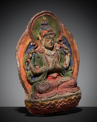 Lot 258 - A POLYCHROME FIRED CLAY ‘AVALOKITESHVARA’ TSA-TSA, 18TH-19TH CENTURY