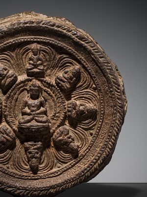 Lot 131 - A CLAY TSA-TSA WITH THE NINEFOLD AMITAYUS-MANDALA, TIBET, CIRCA 16TH-18TH CENTURY