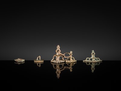 Lot 212 - A GROUP OF NINE BRONZE DEVOTIONAL BODY STAMPS, CHHAPA, INDIA, LATE 18TH-EARLY 20TH CENTURY