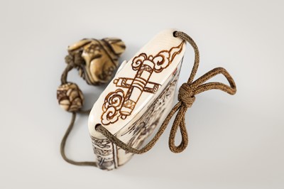 Lot 256 - TAKACHIKA: A FINE IVORY THREE-CASE INRO DEPICTING EBISU AND DAIKOKU