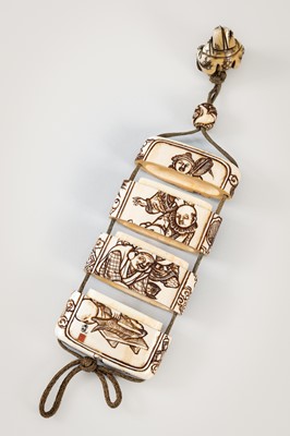 Lot 256 - TAKACHIKA: A FINE IVORY THREE-CASE INRO DEPICTING EBISU AND DAIKOKU