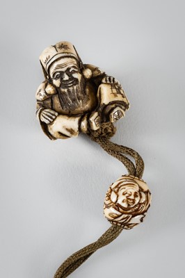 Lot 256 - TAKACHIKA: A FINE IVORY THREE-CASE INRO DEPICTING EBISU AND DAIKOKU