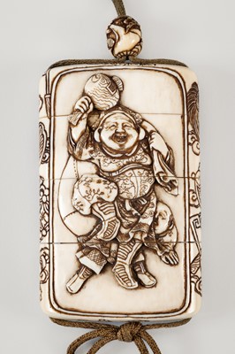 Lot 256 - TAKACHIKA: A FINE IVORY THREE-CASE INRO DEPICTING EBISU AND DAIKOKU